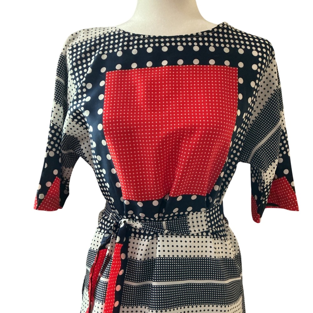 Loubella Tunic Top Wms 10/11 Red Navy Polka Dot Geometric Mod Vintage 70s Retro‎
